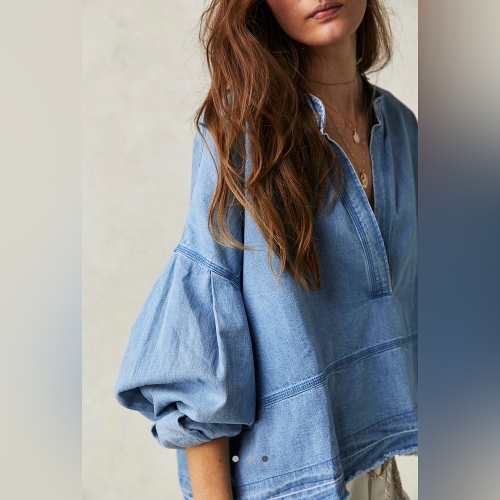 Free People Light Blue Gauze Pullover Top - Picture 3 of 10